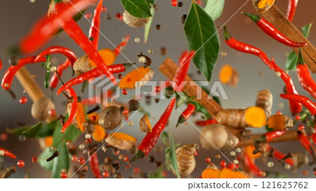 Freeze Motion of Flying Various Spices , Close-up 121625762