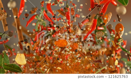 Freeze Motion of Flying Various Spices , Close-up 121625763
