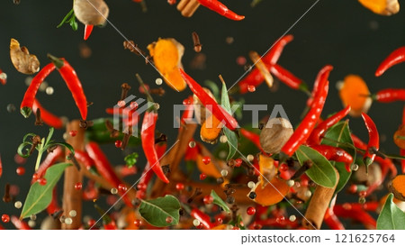 Freeze Motion of Flying Various Spices , Close-up Freeze Motion of Flying Various Spices , Close-up 121625764