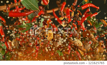 Freeze Motion of Flying Various Spices , Close-up 121625765