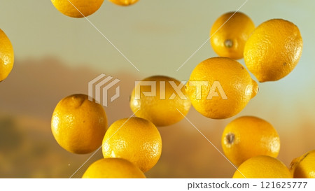 Freeze motion shot of flying fresh Lemons , close-up 121625777