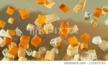Freeze Motion of Flying Tasty Cheeses , close-up Freeze Motion of Flying Tasty Cheeses , close-up 121625783