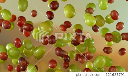 Freeze motion shot of flying fresh grapes , close-up 121625791