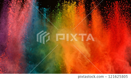 Freeze Motion Shot of Color Powder Explosion Isolated on Black Background Freeze Motion Shot of Color Powder Explosion Isolated on Black Background 121625805