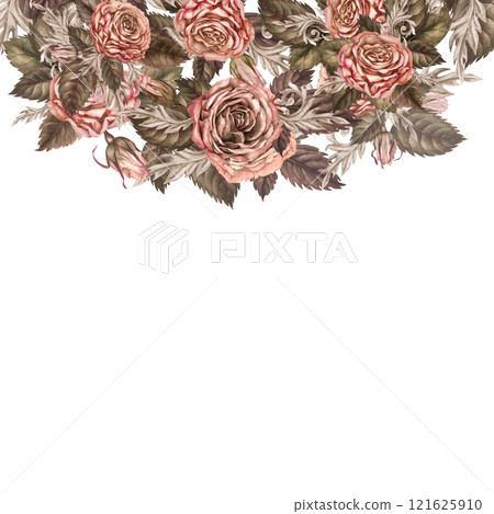 Border of roses in a trendy mocha mousse color. Pink-brown frame. Botanical template for wedding, Valentine's Day, mother's day, women's day, gift, textile, tableware, card, print, stickers, scrapbook 121625910