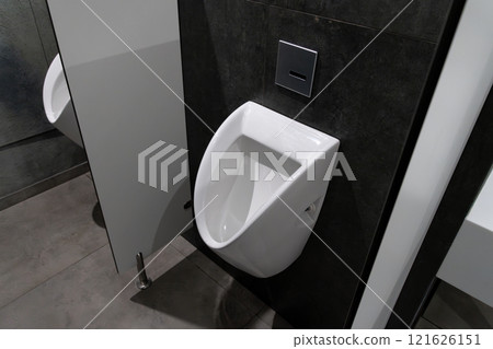 A contemporary restroom showcases a stylish urinal mounted on a wall A contemporary restroom showcases a stylish urinal mounted on a wall 121626151