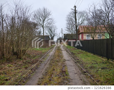 A serene dirt path, lined with majestic trees and charming houses, captures the essence of rural life A serene dirt path, lined with majestic trees and charming houses, captures the essence of rural life 121626166