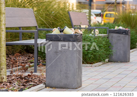 In a city park, two garbage bins overflow with trash and plastic bags. Nearby benches provide a resting spot for visitors amid greenery and paved walkways, highlighting waste management's importance In a city park, two garbage bins overflow with trash and plastic bags. Nearby benches provide a resting spot for visitors amid greenery and paved walkways, highlighting waste management's importance 121626383