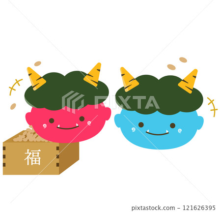 Red and blue demons and soybeans for bean-throwing. Vector illustration 121626395