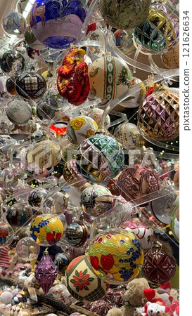 Colorful Array of Festive Christmas Tree Ornaments at Vienna Market Colorful Array of Festive Christmas Tree Ornaments at Vienna Market 121626634