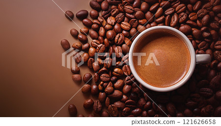 Mocha mousse creative background with copy space. Mochaccino coffee cup on the table surrounded by roasted beans. Color of the year 2025 in light brown shade with a mix of warm cacao tones 121626658