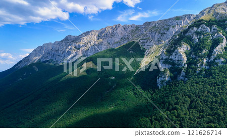 Majestic mountain range casting shadows on lush green forest 121626714