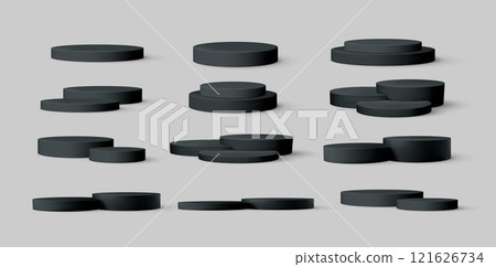 Black Realistic Empty 3d Product Podium Set Isolated on White Background. Vector Illustration Black Realistic Empty 3d Product Podium Set Isolated on White Background. Vector Illustration 121626734