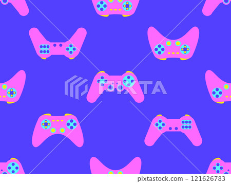 Joystick seamless pattern. Game controller for video games. Gamepad for retro game console in 80s - 90s style. Design for wallpapers, wrappers, covers and banners. Vector illustration Joystick seamless pattern. Game controller for video games. Gamepad for retro game console in 80s - 90s style. Design for wallpapers, wrappers, covers and banners. Vector illustration 121626783