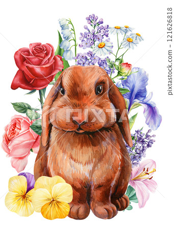 Spring cute bunny surrounded by flowers, watercolor rabbit illustration on isolated white background, baby animal floral 121626818