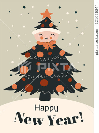 Retro New Year Holiday Greeting Card featuring a beautiful Christmas Tree design 121626844