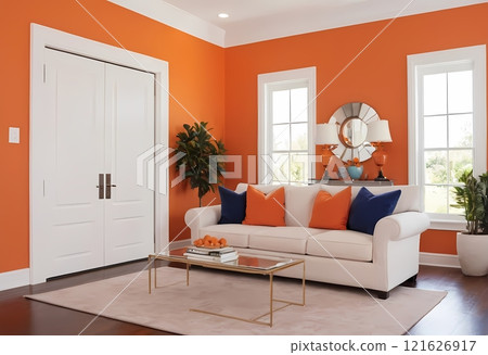 A living room sofa is positioned against an orange wall, with a white classic door in background 121626917