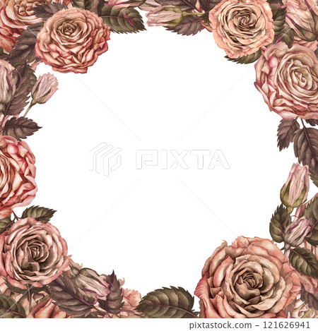Frame of roses in a trendy mocha mousse color. Pink-brown clipart. Botanical template for wedding, Valentine's Day, mother's day, women's day, gift, textile, tableware, card, stickers, scrapbook 121626941