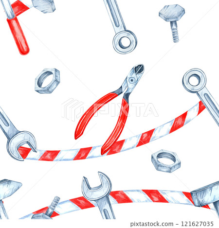 Red and white striped ribbons intertwined with silver bolts and wrenches in a seamless watercolor pattern. Perfect for craft paper, seasonal DIY designs, and creative digital backgrounds Red and white striped ribbons intertwined with silver bolts and wrenches in a seamless watercolor pattern. Perfect for craft paper, seasonal DIY designs, and creative digital backgrounds 121627035