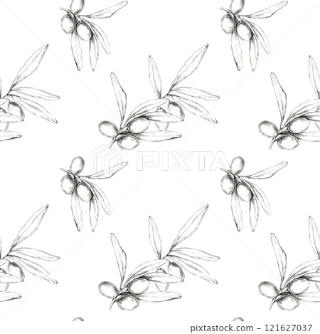 Olives and olive branches sketched in pencil. Minimalistic drawing seamless pattern. This illustration is ideal for home decor, textiles, or wallpaper, adding an organic botanical element 121627037