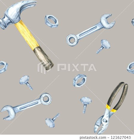 Beige background with yellow-handled hammers, silver wrenches, and bolts in watercolor style. This seamless pattern is perfect for product packaging, textiles, or DIY-themed decor 121627043