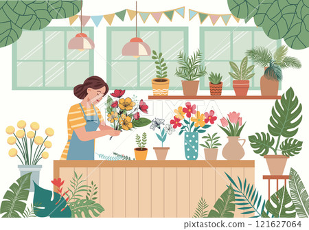 Flower shop interior with plants and flowers in pots and vases 121627064