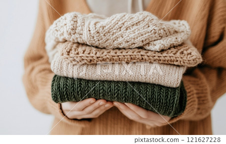 Hands holding stacked sweaters promoting second hand sustainability 121627228
