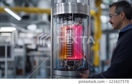 Scientist Inspecting Vertical Quantum Cryostat 121627378
