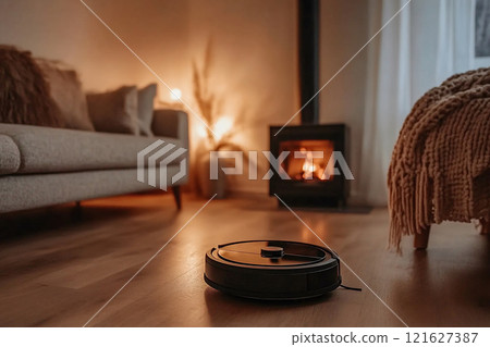 Low angle shot of a robotic vacuum cleaner on a carpeted floor 121627387