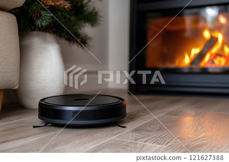 Robotic vacuum cleaner operating on wooden floor in living room 121627388
