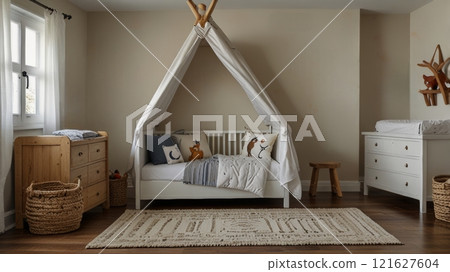 A cozy children's room featuring a white cribs with a fabric tent, cheerful animal pillows, wooden furniture, and a soft rug, creating a warm and inviting atmosphere 121627604