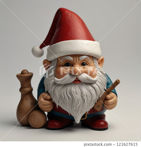 A cheerful gnome figurine with a red hat and fluffy white beard holds a wooden pipe beside wooden ornaments, radiating whimsy and holiday cheer, perfect for festive decorations 121627615