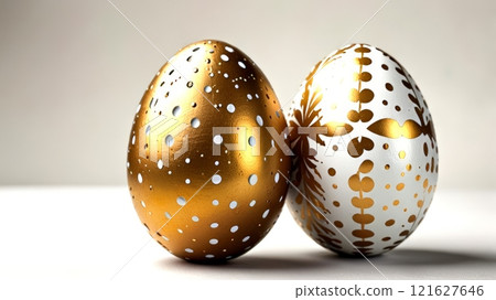 Two beautifully decorated Easter eggs, one gold and the other white with gold accents, showcase intricate designs against a clean background, symbolizing celebration 121627646