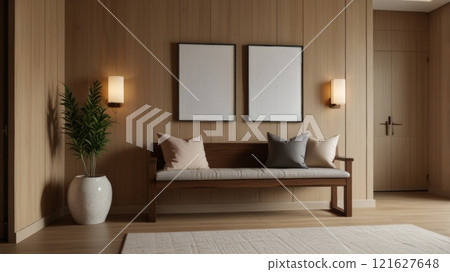 An inviting entryway features a wooden bench, soft cushions, and framed blank artwork, accented by lush greenery, creating a serene and welcoming first impression 121627648