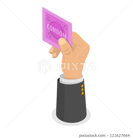 3D Isometric Flat Vector Illustration of Hand with Condom, Safe Sex, Healthy Lifestyle. Item 5 3D Isometric Flat Vector Illustration of Hand with Condom, Safe Sex, Healthy Lifestyle. Item 5 121627664