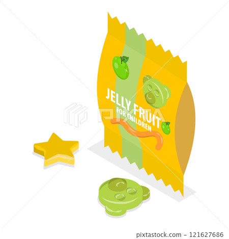 3D Isometric Flat Vector Set of Chewy Jelly, Gummy Candies Packs. Item 1 121627686