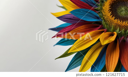A vibrant sunflower displaying colorful petals in hues of yellow, orange, red, blue, and purple, arranged beautifully to capture attention and joy. 121627715