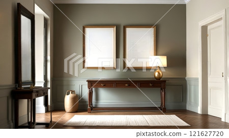 A sophisticated entryway with a wooden console, a large mirror, and soft lighting, featuring neutral hues and minimalist decor for a refined and welcoming atmosphere A sophisticated entryway with a wooden console, a large mirror, and soft lighting, featuring neutral hues and minimalist decor for a refined and welcoming atmosphere 121627720
