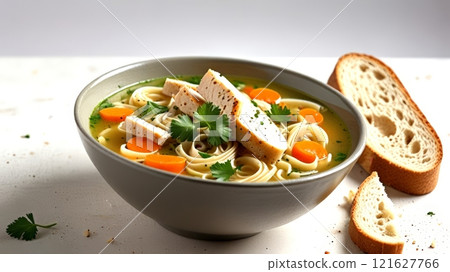 A comforting bowl of chicken noodle soup with vibrant vegetables and fresh herbs, accompanied by slices of bread, evokes warmth and homeliness, perfect for any mealtime. 121627766