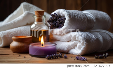 Soft white towels are elegantly arranged next to a candle and essential oil, accompanied by dried lavender, creating a serene spa atmosphere perfect for relaxation 121627903