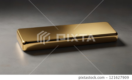 A sleek gold bar rests on a smooth surface, reflecting light beautifully with a polished finish, evoking a sense of luxury and elegance in minimalist style 121627909