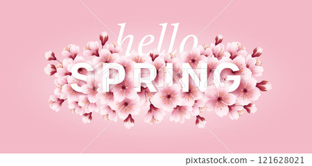 Hello Spring Text Surrounded by Cherry Blossom Flowers on a Pink Background Hello Spring Text Surrounded by Cherry Blossom Flowers on a Pink Background 121628021