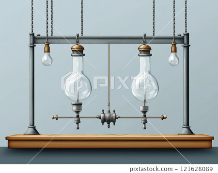 Illustrative setup of Newtons laws with suspended glass bulbs and metallic components Illustrative setup of Newtons laws with suspended glass bulbs and metallic components 121628089