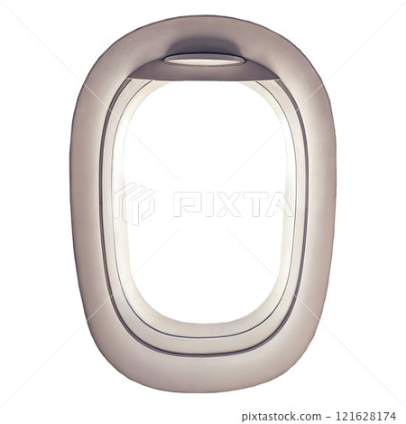 An image depicting an airplane window set against a white backdrop 121628174