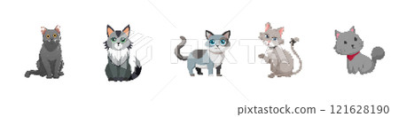 Grey Cats in pixel art - isolated vector. Cute, kawaii style pixel cats in retro, 8-bit game style.  121628190
