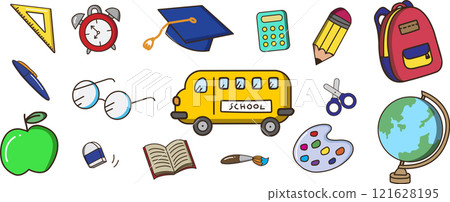 School elements set. Vector flat illustration in hand drawn style. Back to school School elements set. Vector flat illustration in hand drawn style. Back to school 121628195