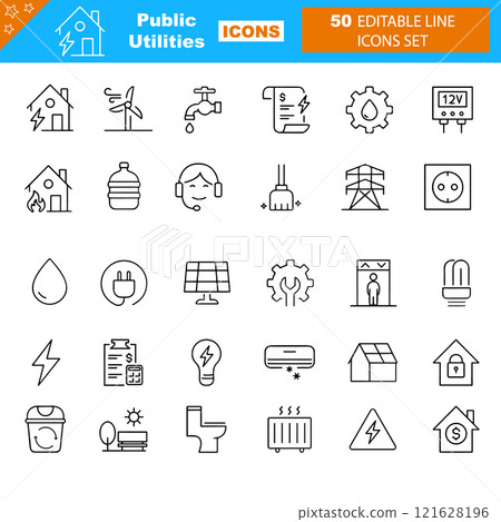 Public Utilities outline icons with editable stroke collection. Includes Water, Fuel, Electricity, Solar House 121628196