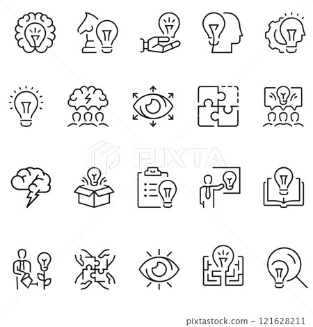 Idea line icons. Creative idea line icon set. Brainstorming, lightbulb, brain, solution Idea line icons. Creative idea line icon set. Brainstorming, lightbulb, brain, solution 121628211