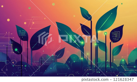 Technological plants growing symbolize the integration of nature and technology 121628347