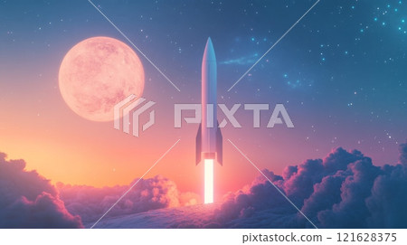 Rocket launching from clouds at sunset with large moon and starry sky 121628375